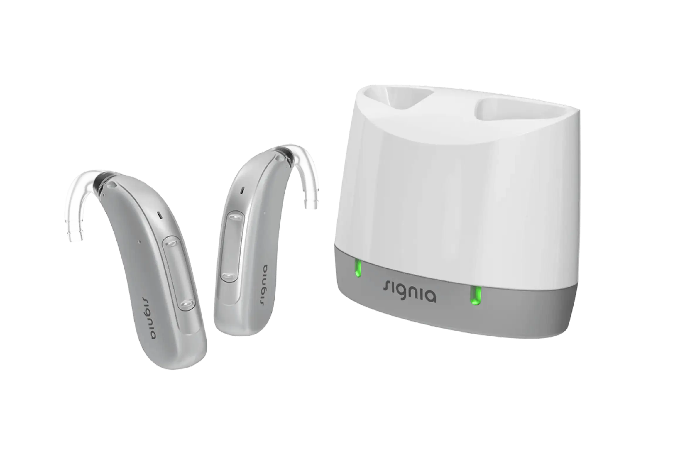 Pair of Signia BTE hearing aids with charger